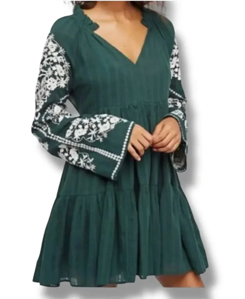 Free People Emerald City Tiered Embroidered Dress in Green Size Small - Picture 1 of 16
